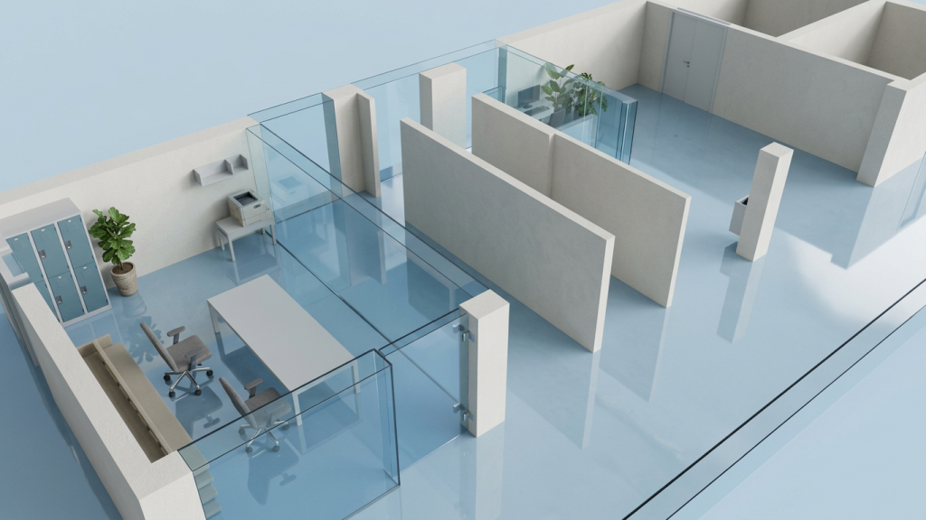 pale blue polished concrete floor, photorealistic, architecture photography (1)