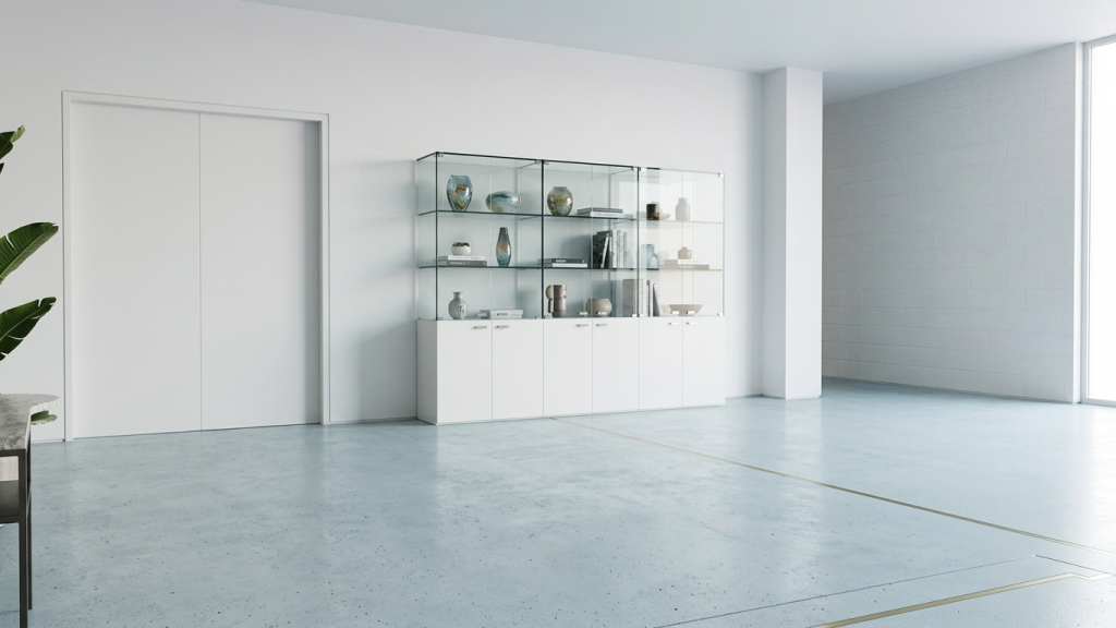 _white walls, pale blue concrete floor, photorealistic, architecture photography (1)
