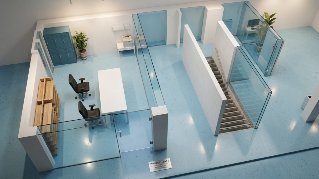 white walls, pale blue polished concrete floor, architecture photography (7)