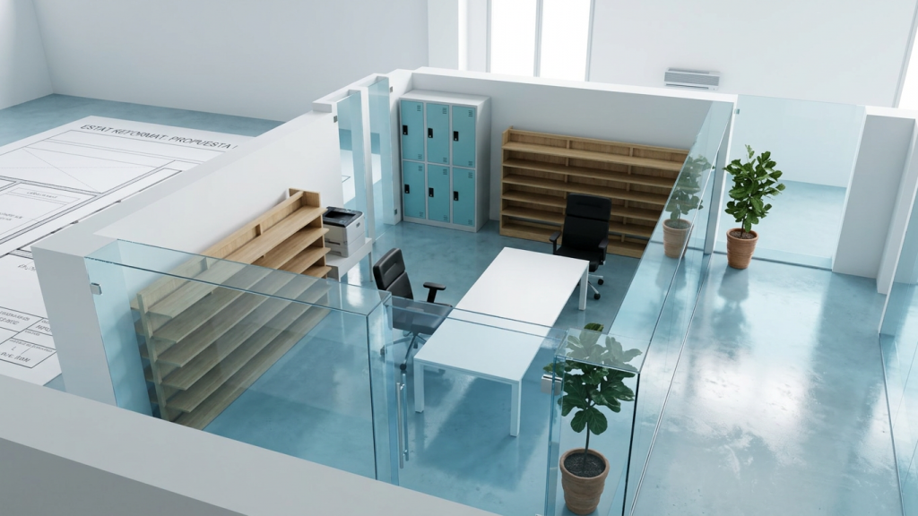 white walls, pale blue polished concrete floor, full-height glass partition, photorealistic, architecture photography