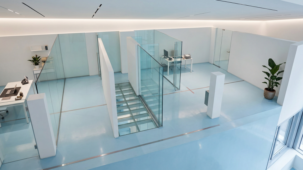 white walls, pale blue polished concrete floor, full-height glass partition, photorealistic, architecture photography (2)